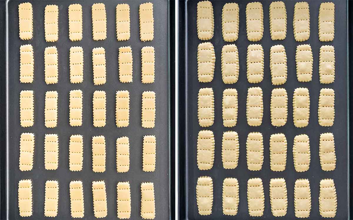 side by side shots of shortbread cookies before and after baking.