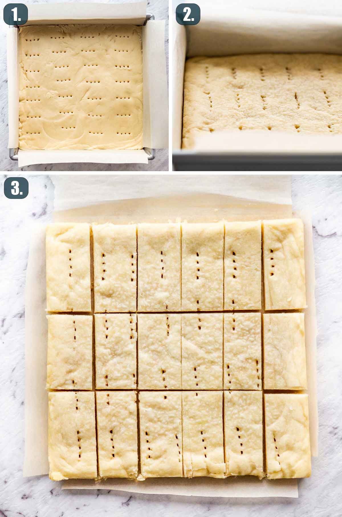 process shots showing how to make shortbread cookies in a baking pan.