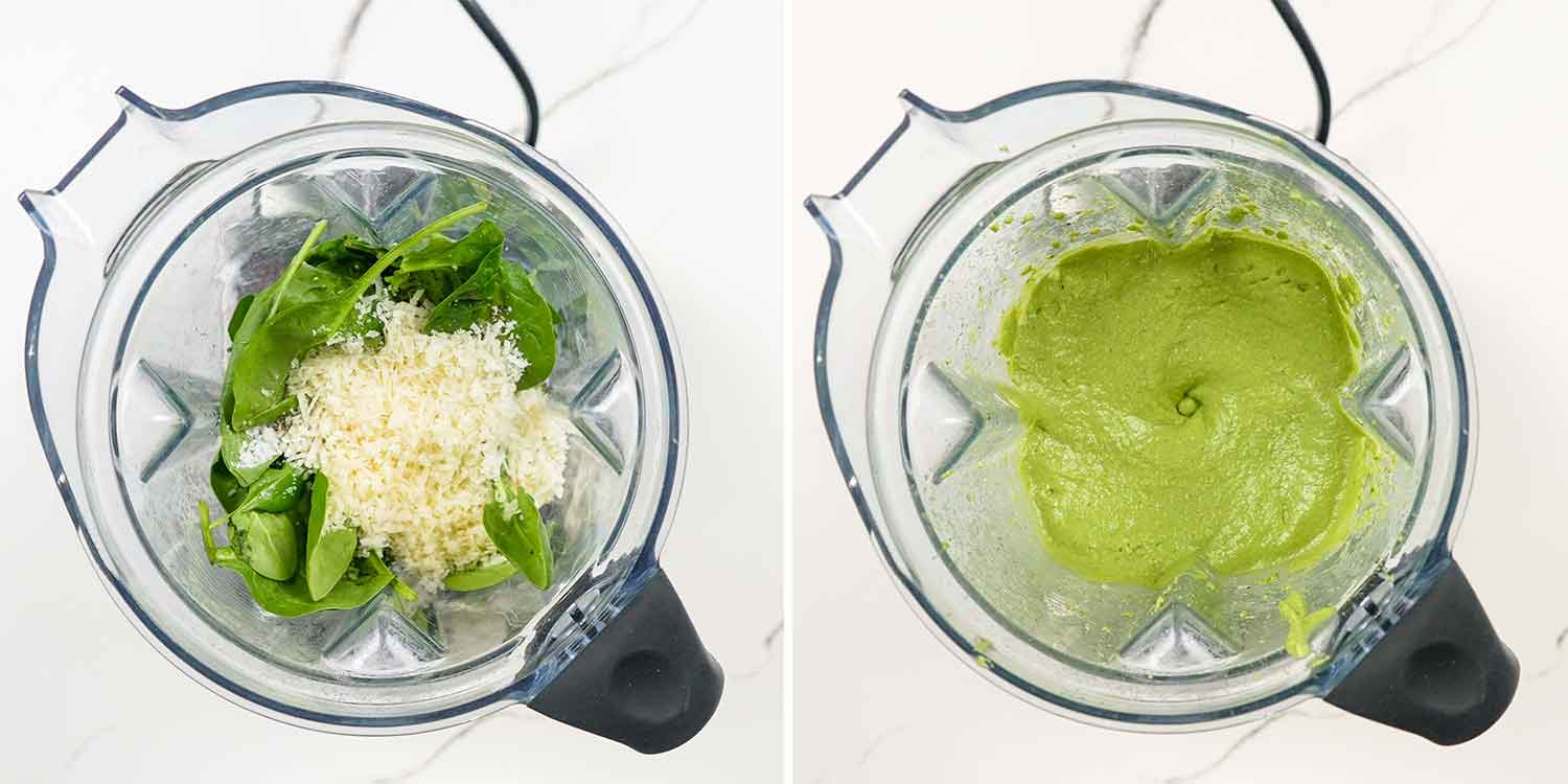 process shots showing how to make avocado spinach pasta.