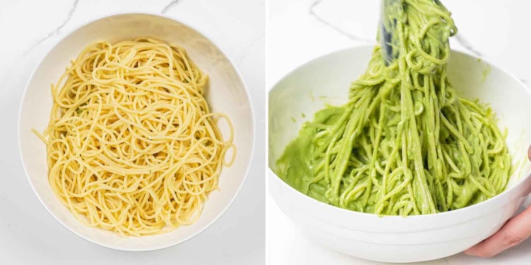 process shots showing how to make avocado spinach pasta.