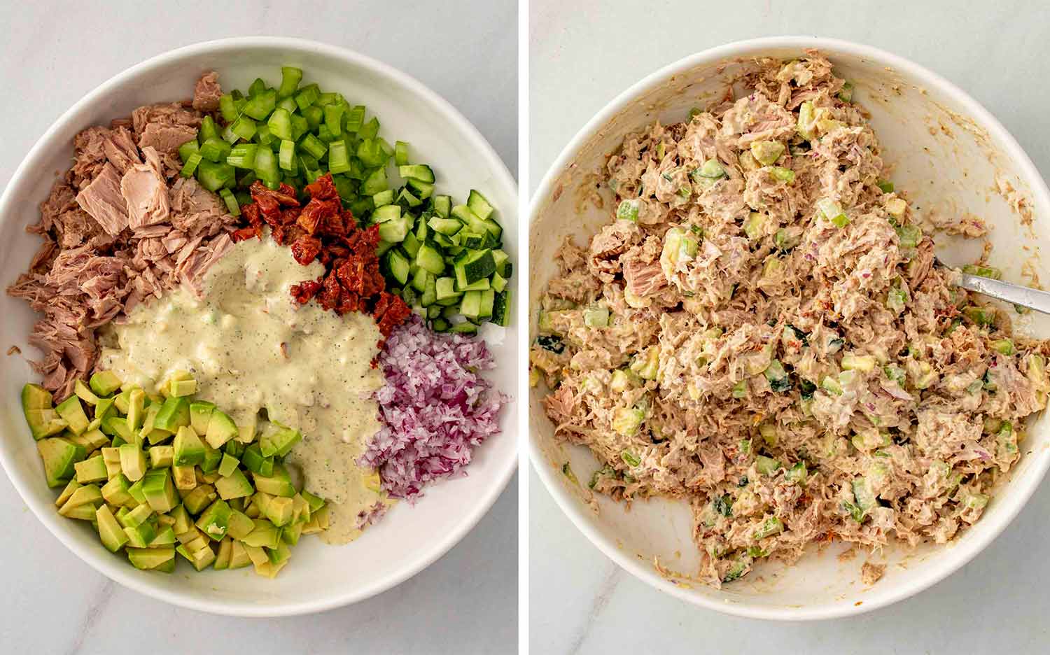 process shots showing how to make avocado tuna salad.