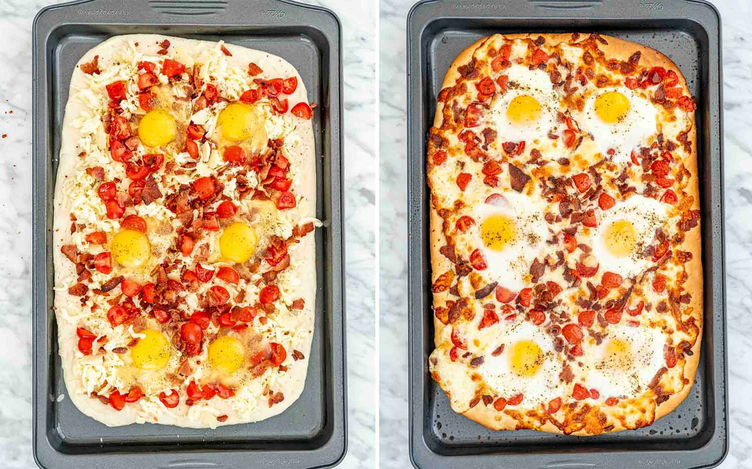 process shots showing how to make breakfast pizza.