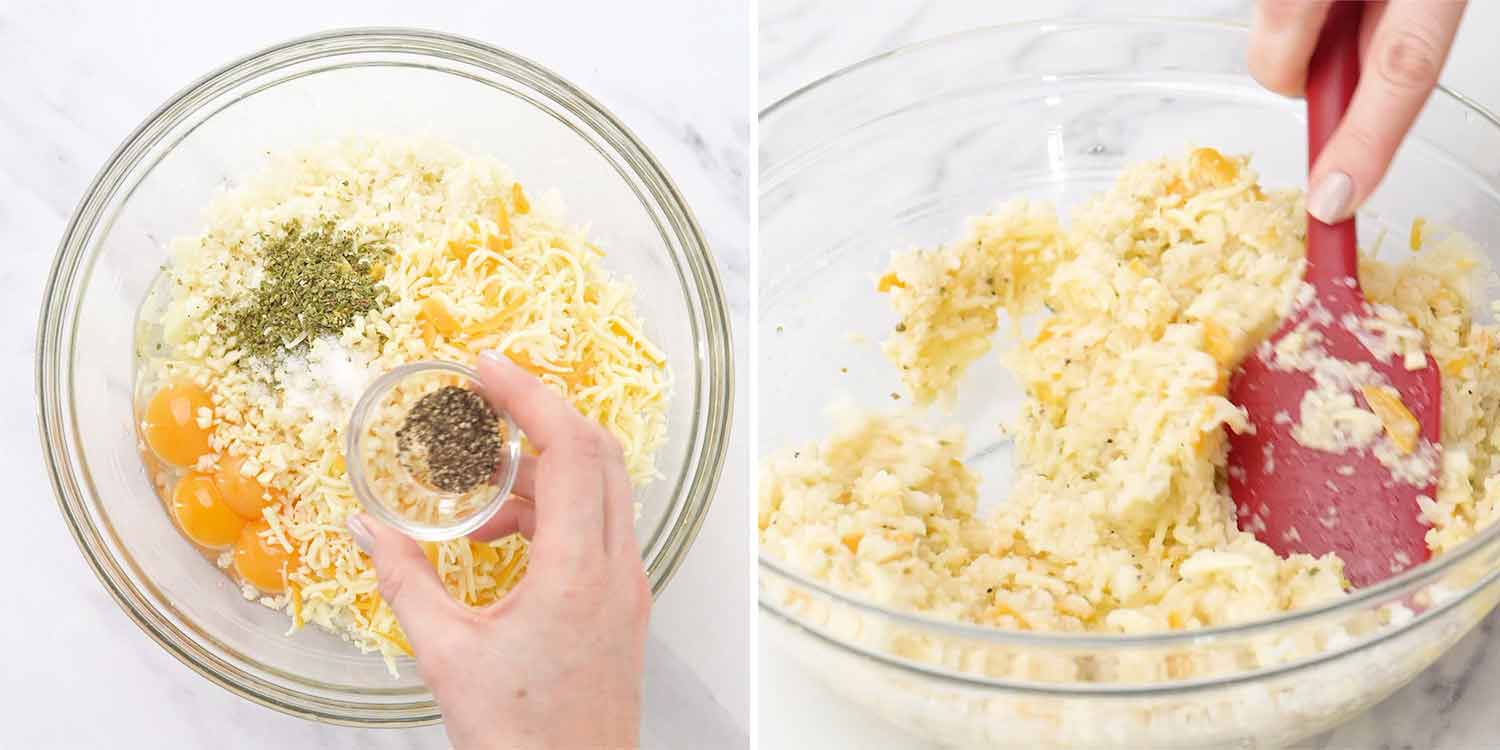 process shots showing how to make cheesy cauliflower breadsticks.