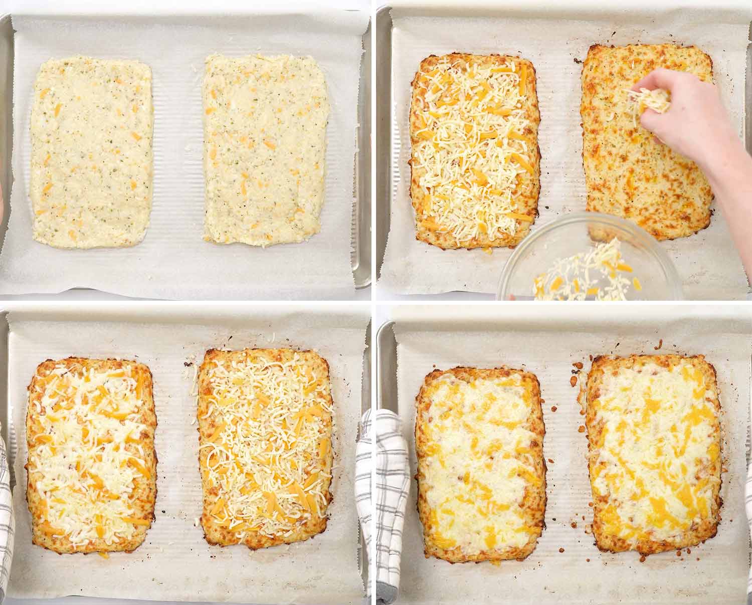 process shots showing how to make cheesy cauliflower breadsticks.