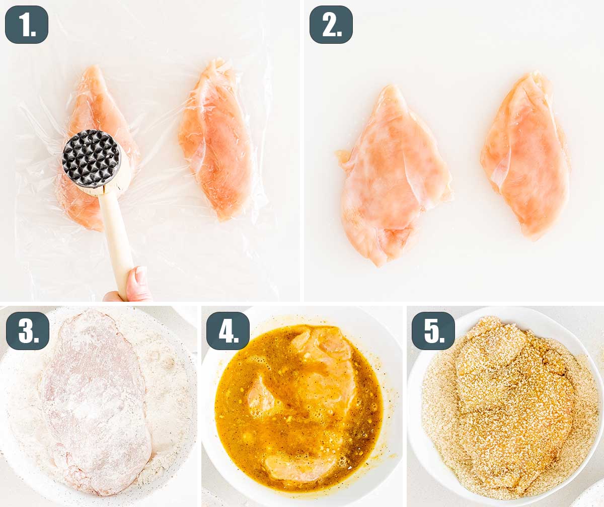 detail process shots showing how to prep chicken to make schnitzel.