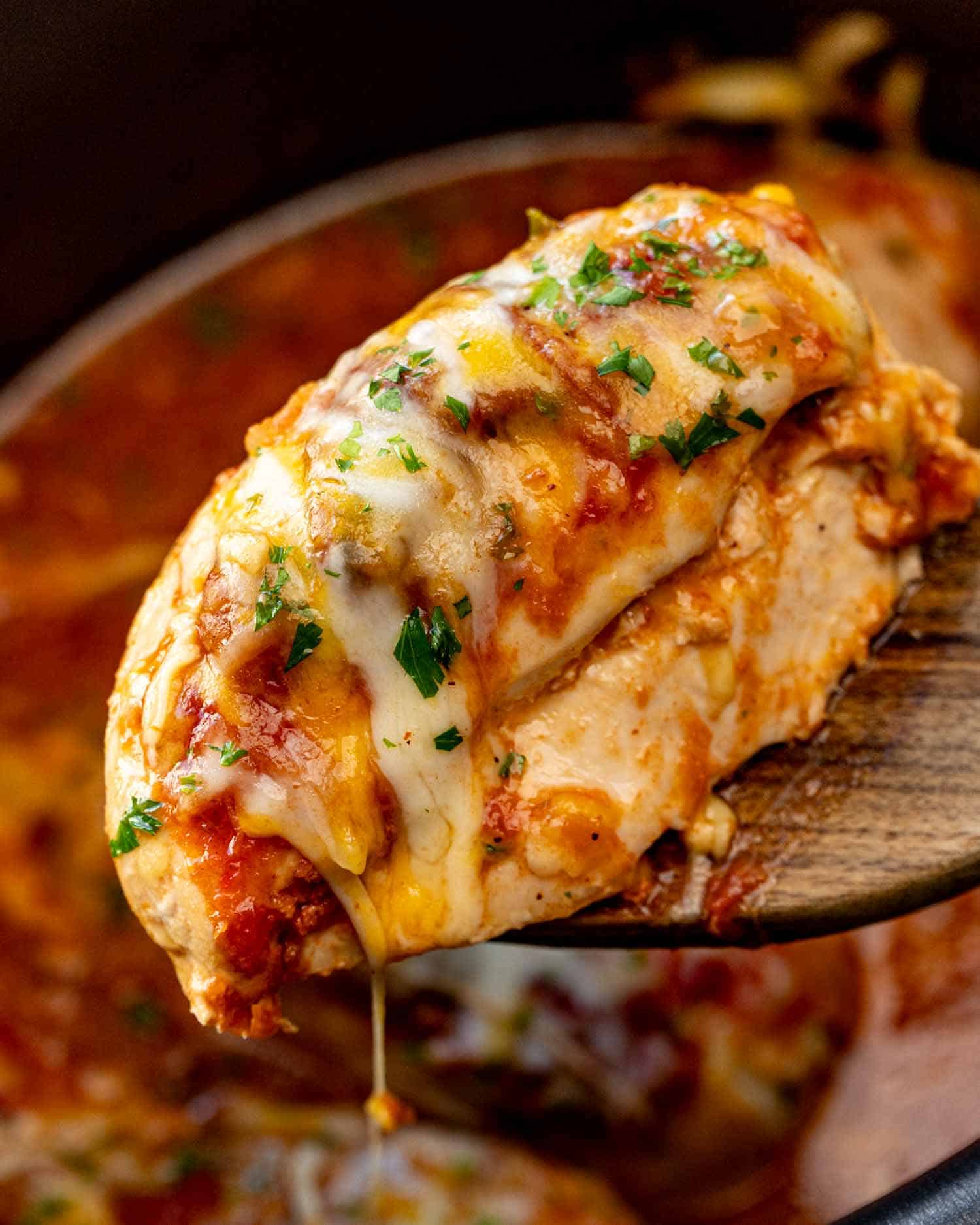 Tender crockpot salsa chicken breast lifted on a wooden spoon, covered with melted cheese, salsa, and chopped fresh parsley.