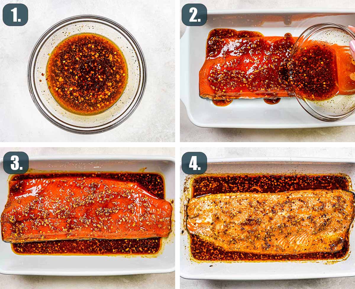 process shots showing how to make firecracker salmon.