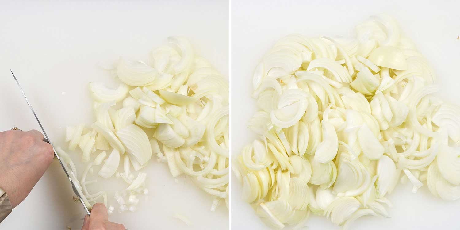 process shots showing how to make french onion soup.