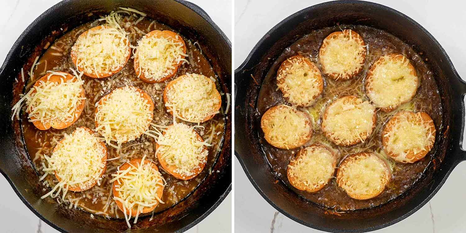 process shots showing how to make french onion soup.