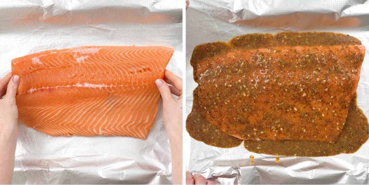 process shots showing how to make honey mustard salmon.