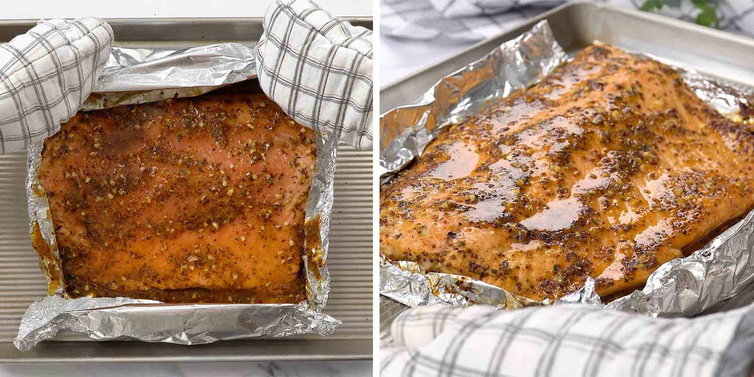 process shots showing how to make honey mustard salmon.