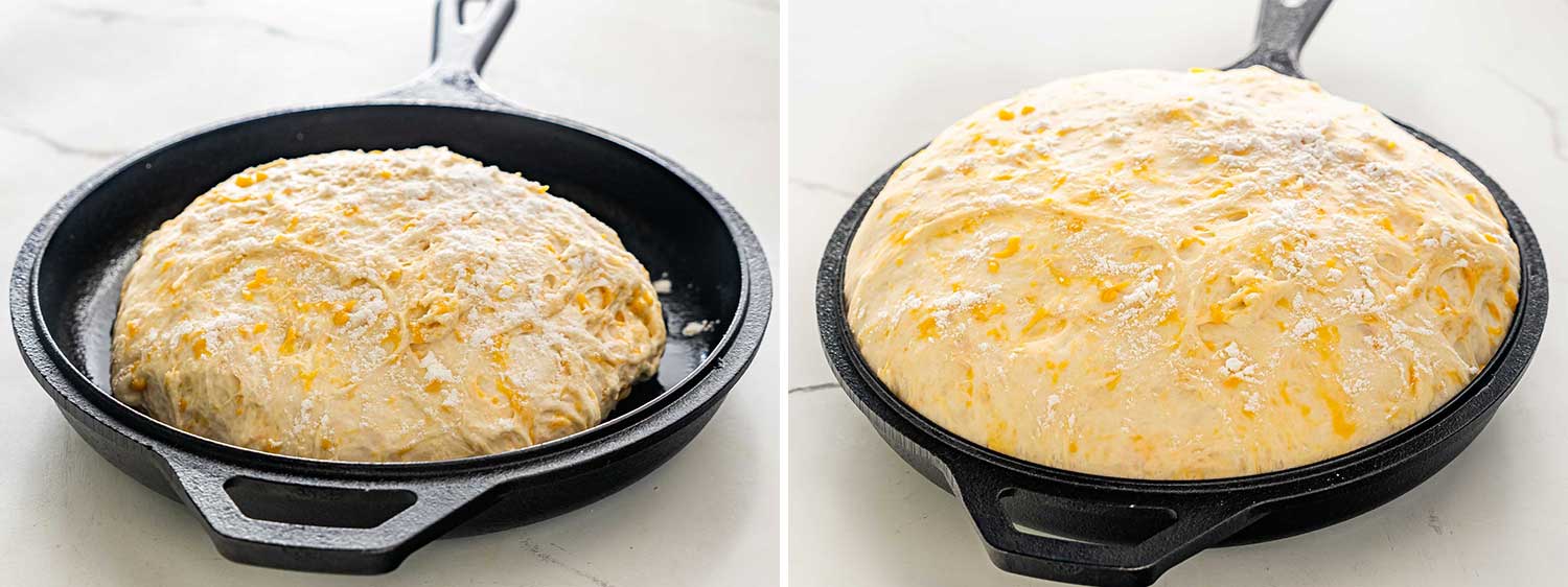 process shots showing how to make no knead skillet bread.
