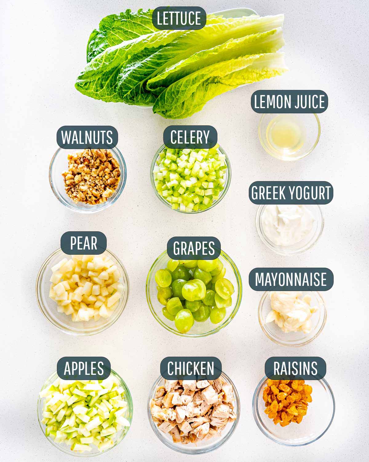 overhead shot of ingredients needed to make waldorf salad.