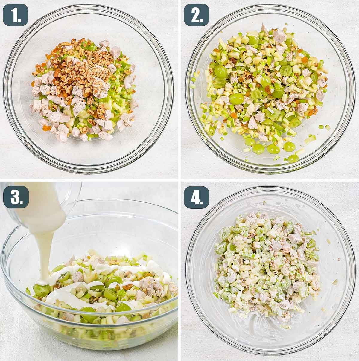 detailed process shots showing how to make waldorf salad.