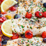 side view shot of baked lemon butter cod