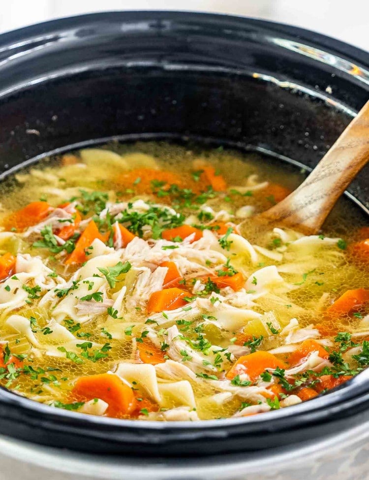 chicken noodle soup in a crockpot.