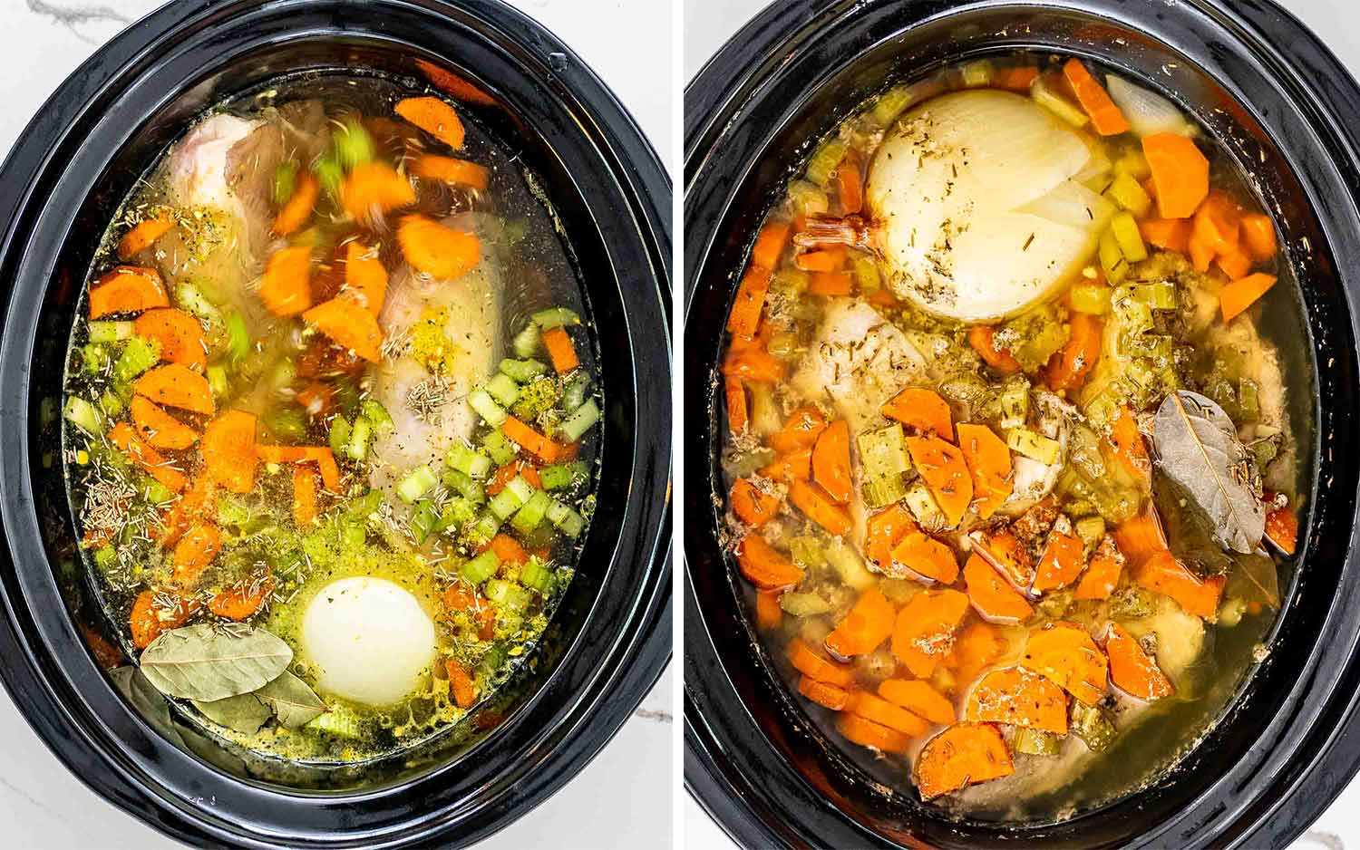 process shots showing how to make chicken noodle soup in a crockpot.