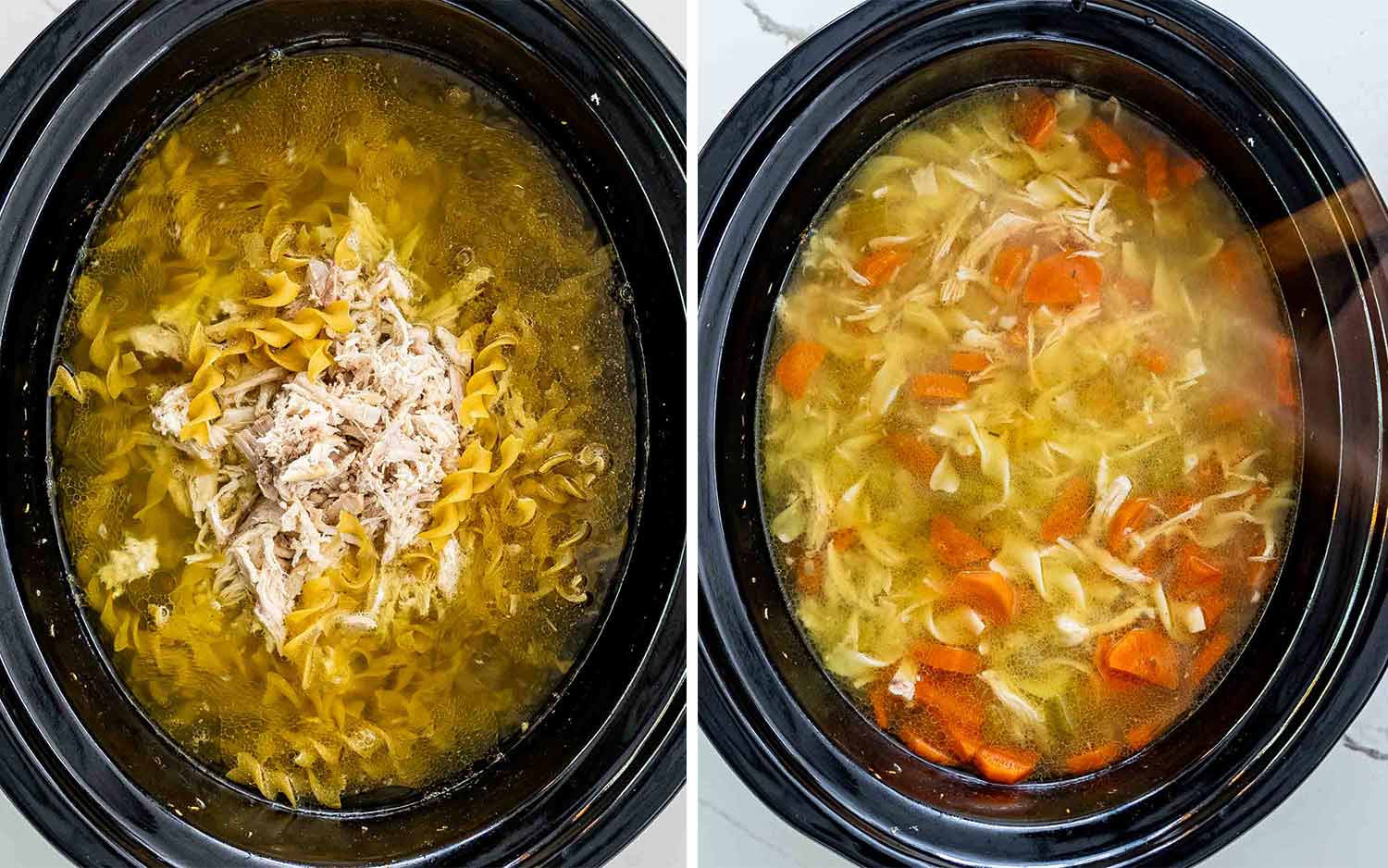 process shots showing how to make chicken noodle soup in a crockpot.