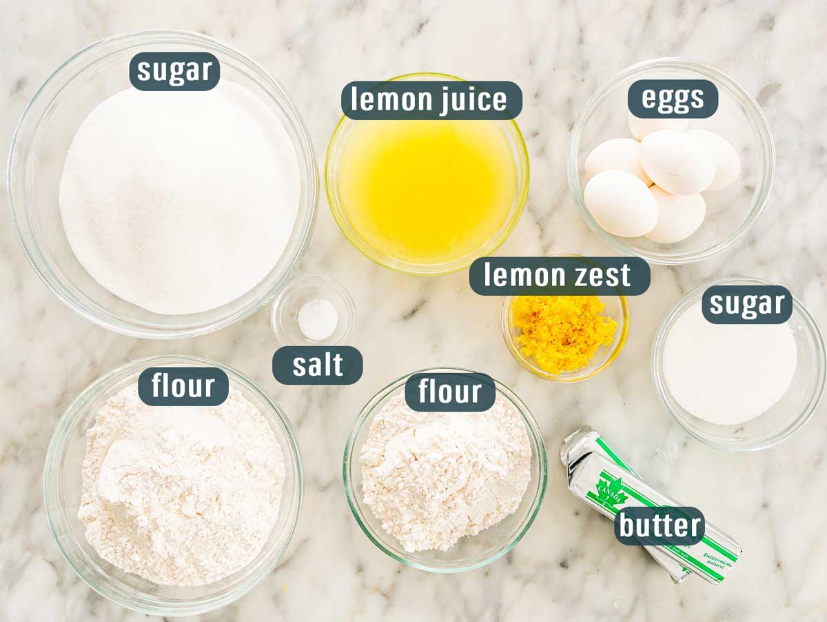 overhead shot of all the ingredients needed to make lemon bars.