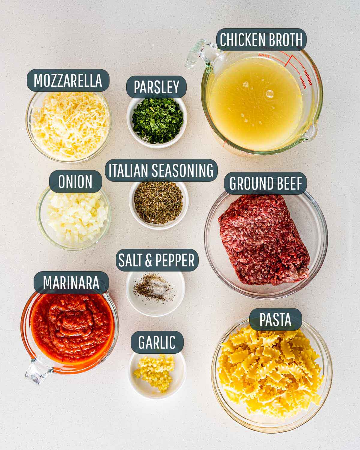 overhead shot of ingredients needed to make one pot hamburger helper lasagna.