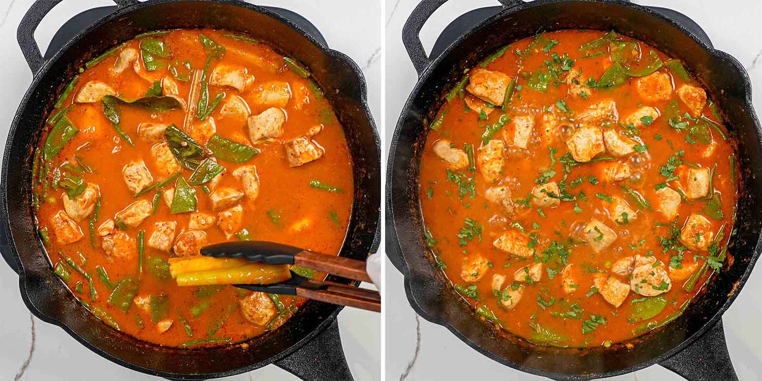 process shots showing how to make thai red curry chicken.