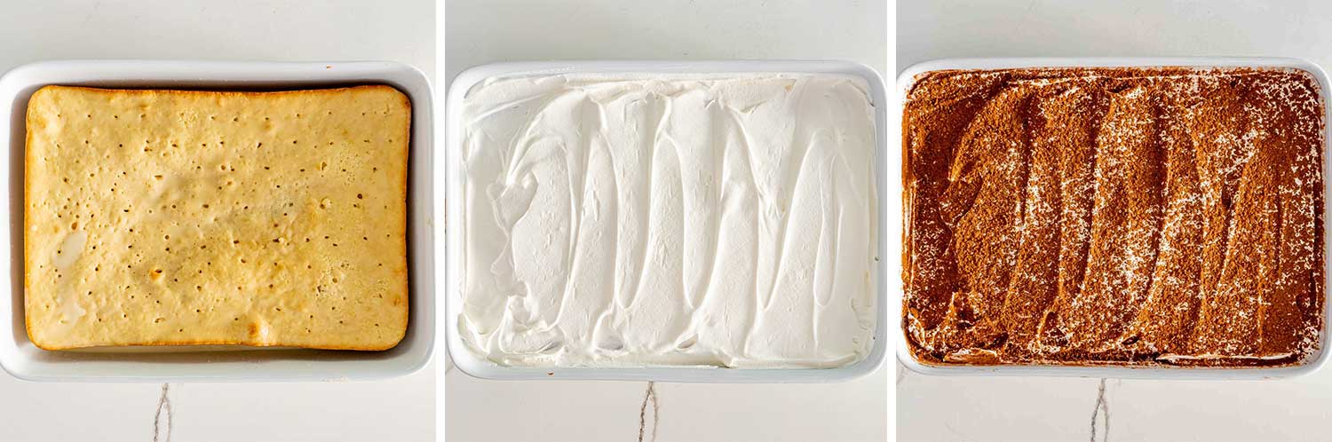 process shots showing how to make tres leches cake.