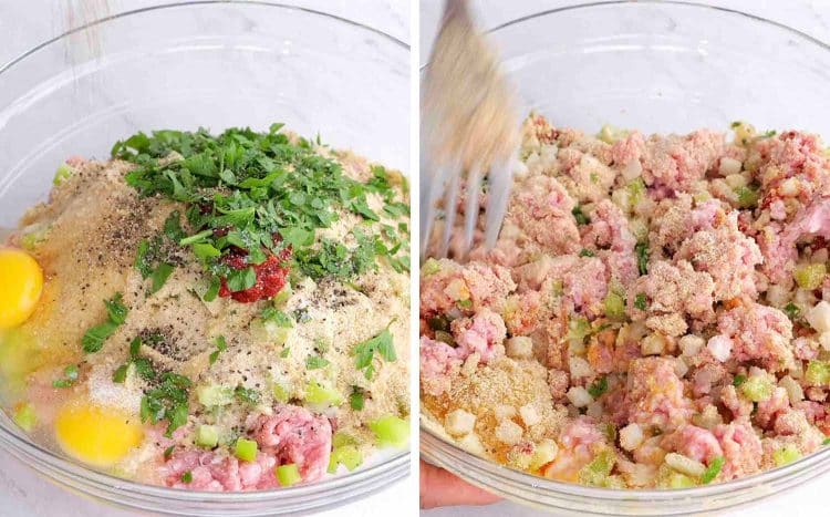 process shots showing how to make bacon wrapped meatloaf.