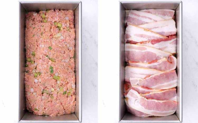 process shots showing how to make bacon wrapped meatloaf.