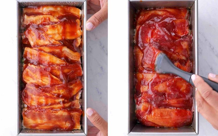 process shots showing how to make bacon wrapped meatloaf.