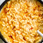 overhead shot of baked mac and cheese in a black skillet.