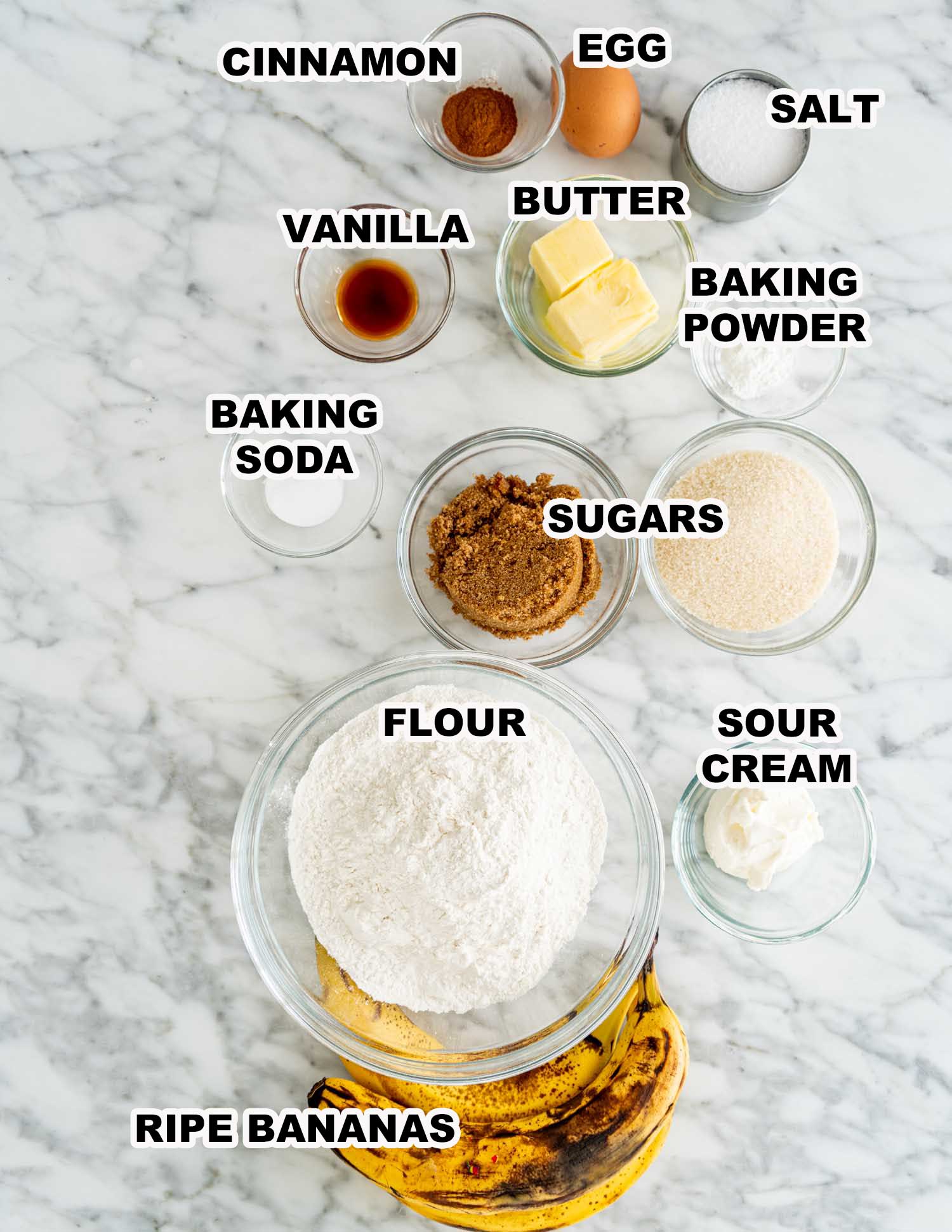 ingredients needed to make banana bread.