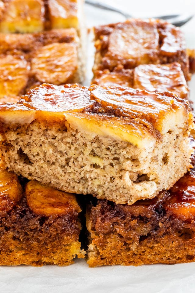 a stack of banana upside down cake slices