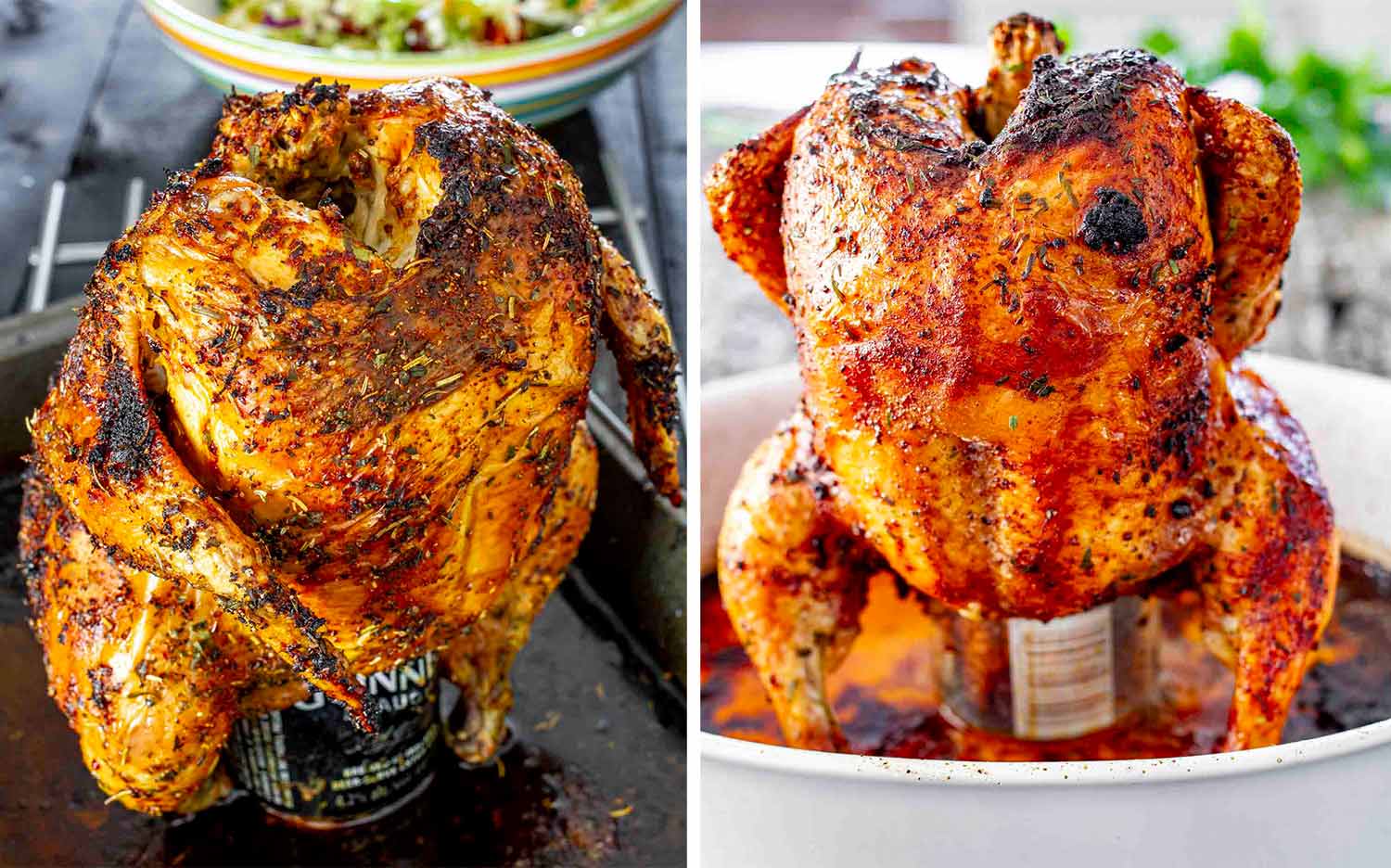 Beer can chicken cooked in two different pans—a baking sheet and a white casserole dish—for comparison.