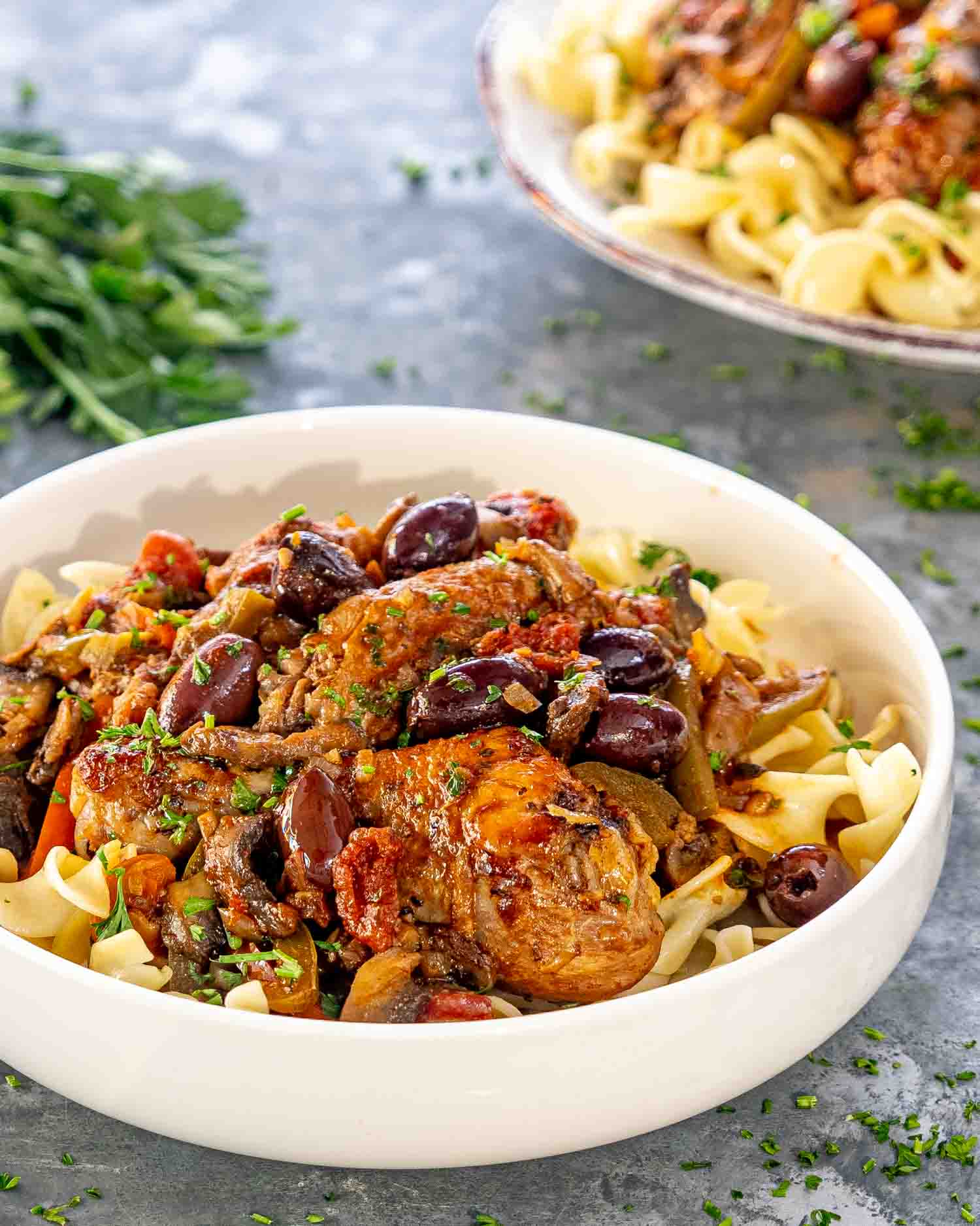 a serving of chicken cacciatore over noodles in a white bowl.