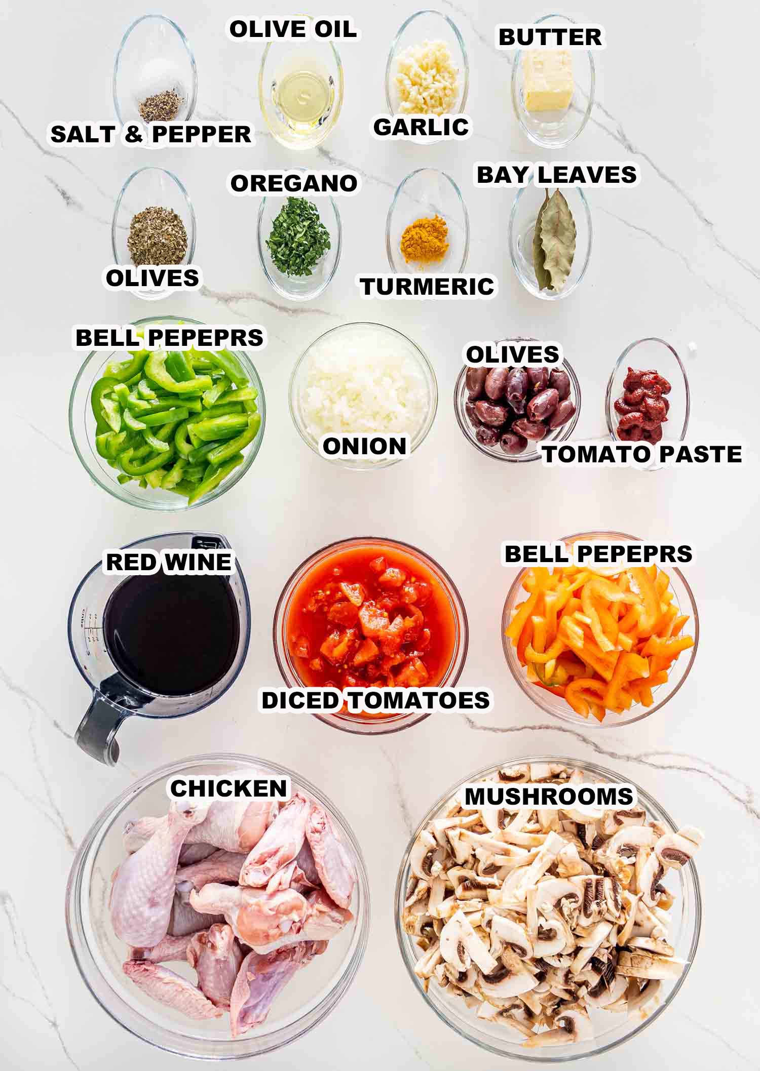 ingredients needed to make chicken cacciatore.