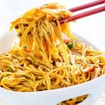 chow mein in a white asian bowl.