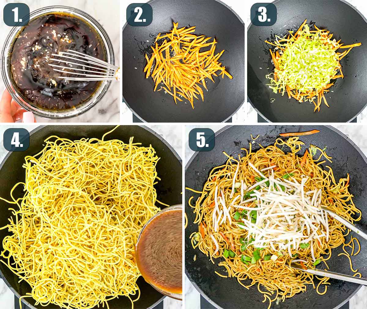 process shots showing how to make chow mein.