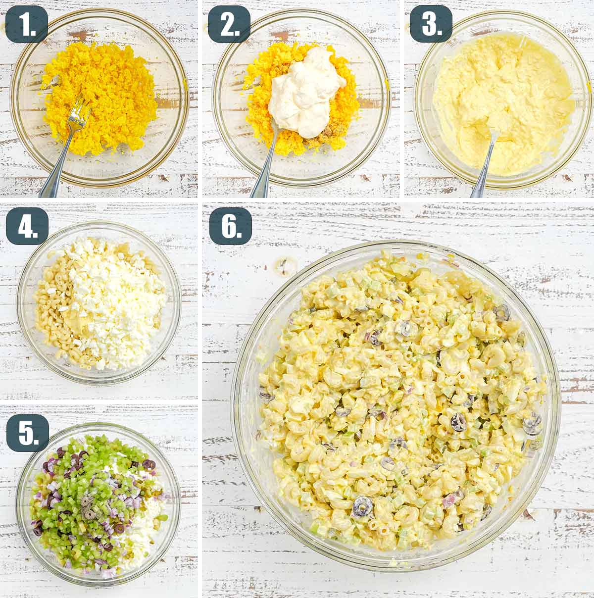 detailed process shots showing how to make deviled egg macaroni salad.