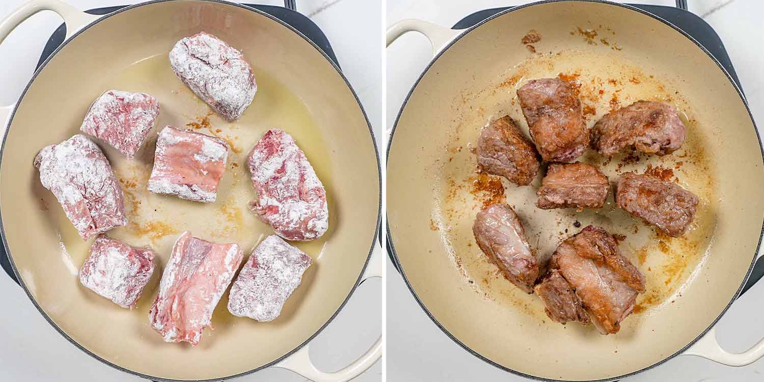 process shots showing how to make guinness braised short ribs.