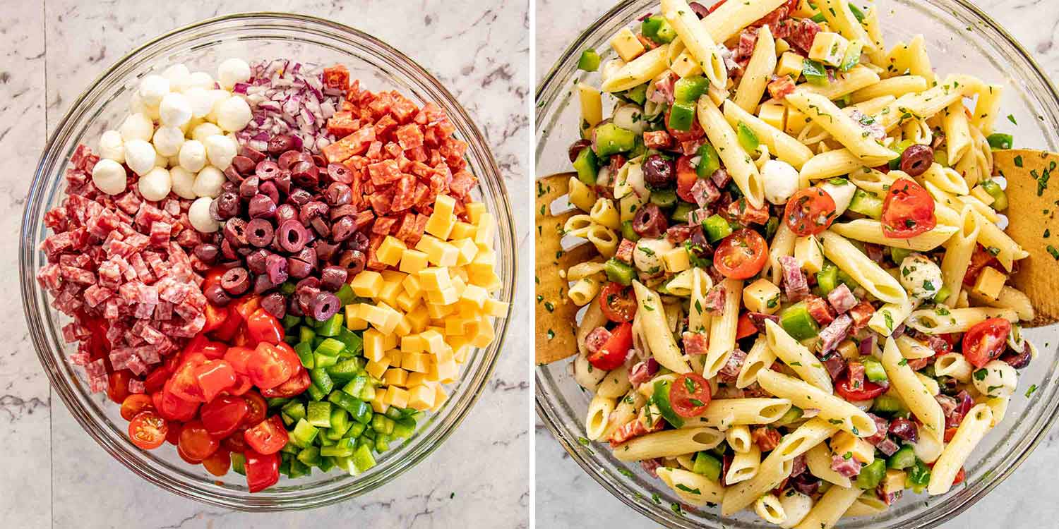 process shots showing how to make italian pasta salad.