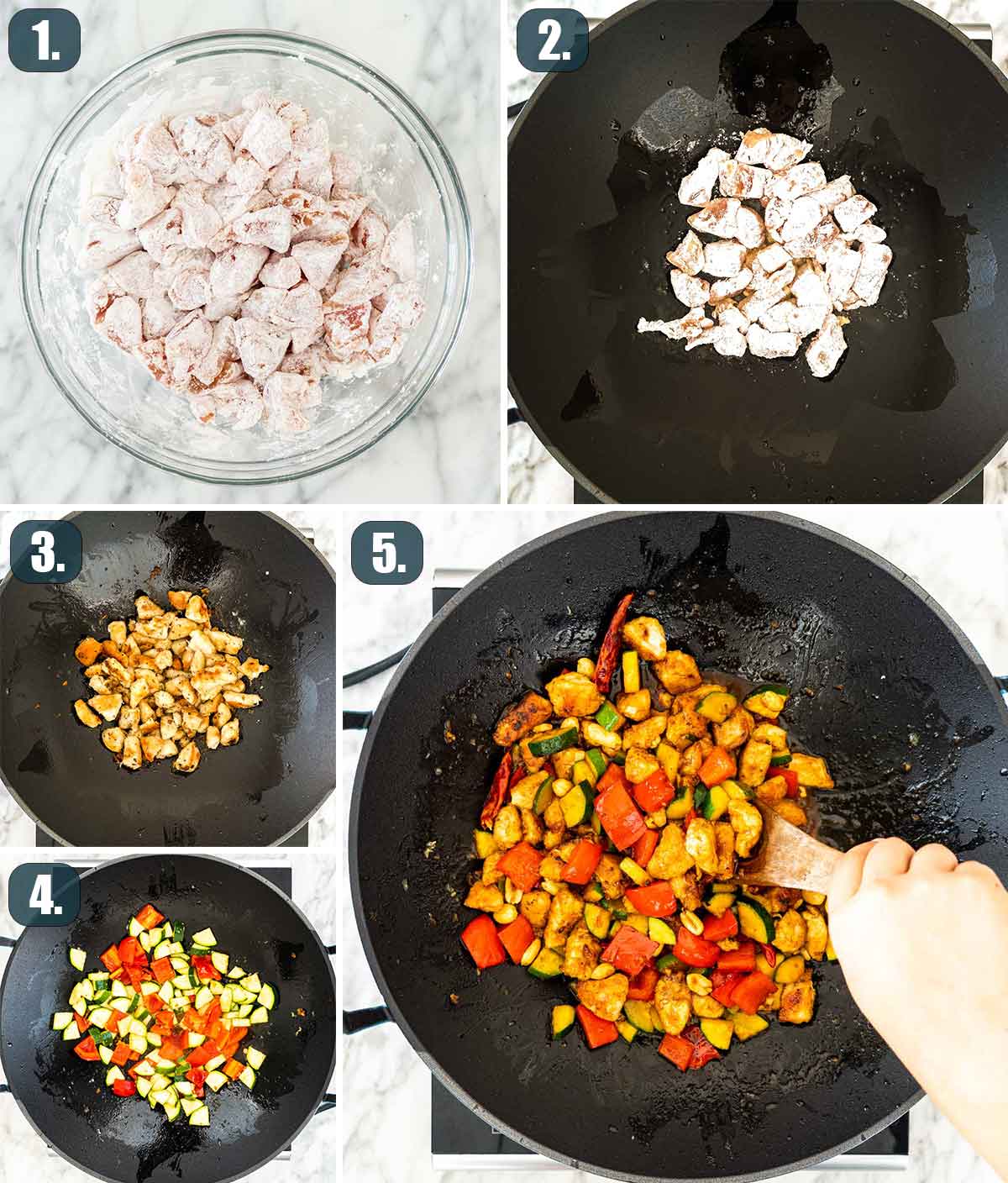 detailed process shots showing how to make kung pao chicken.