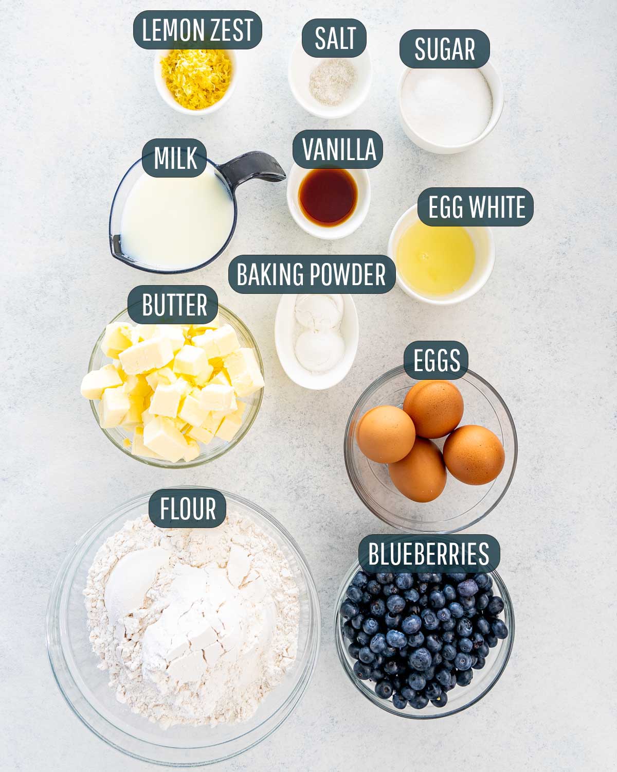 ingredients needed to make lemon blueberry scones.