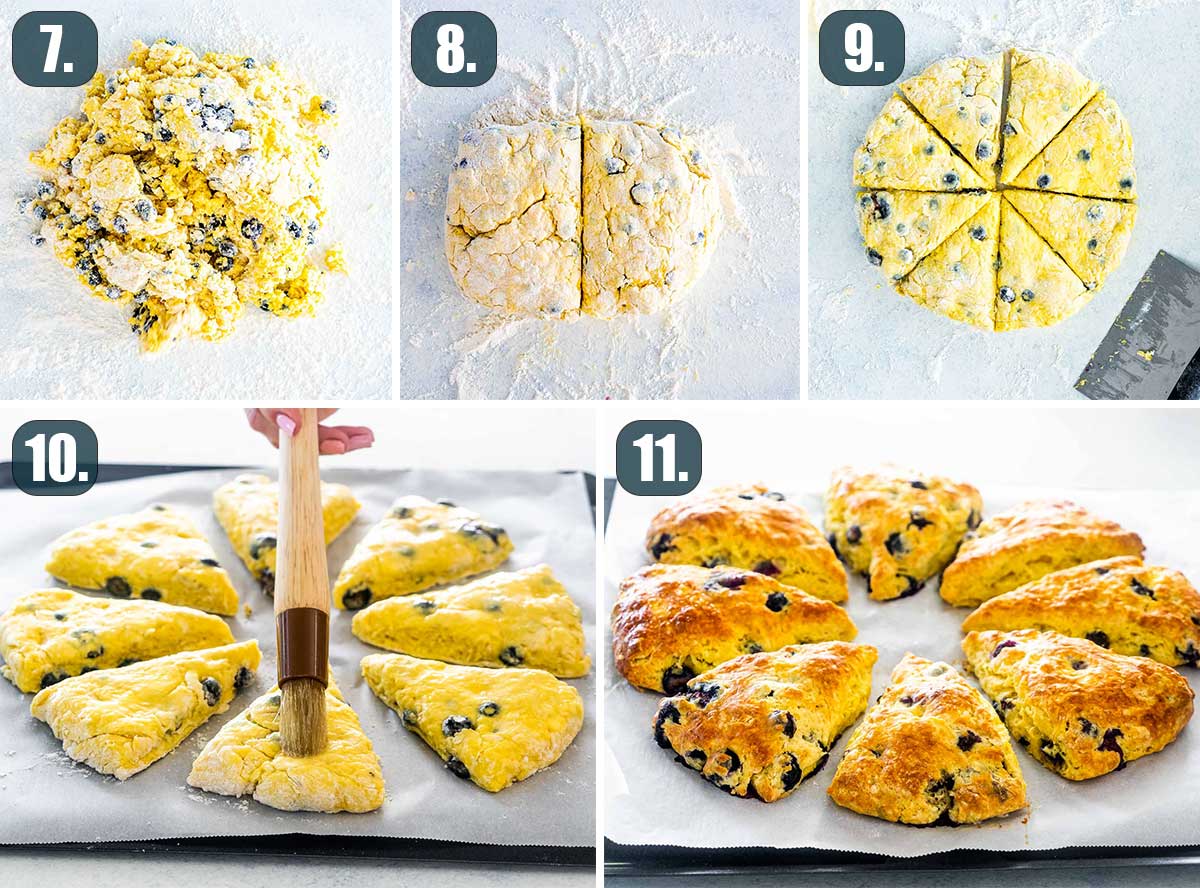 process shots showing how to cut lemon blueberry scones dough and prep it for baking.