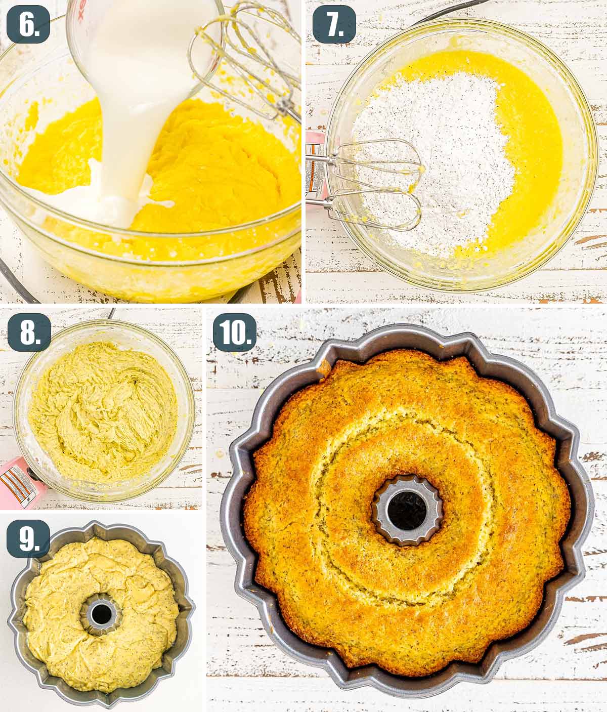 process shots showing how to make lemon poppy seed cake.
