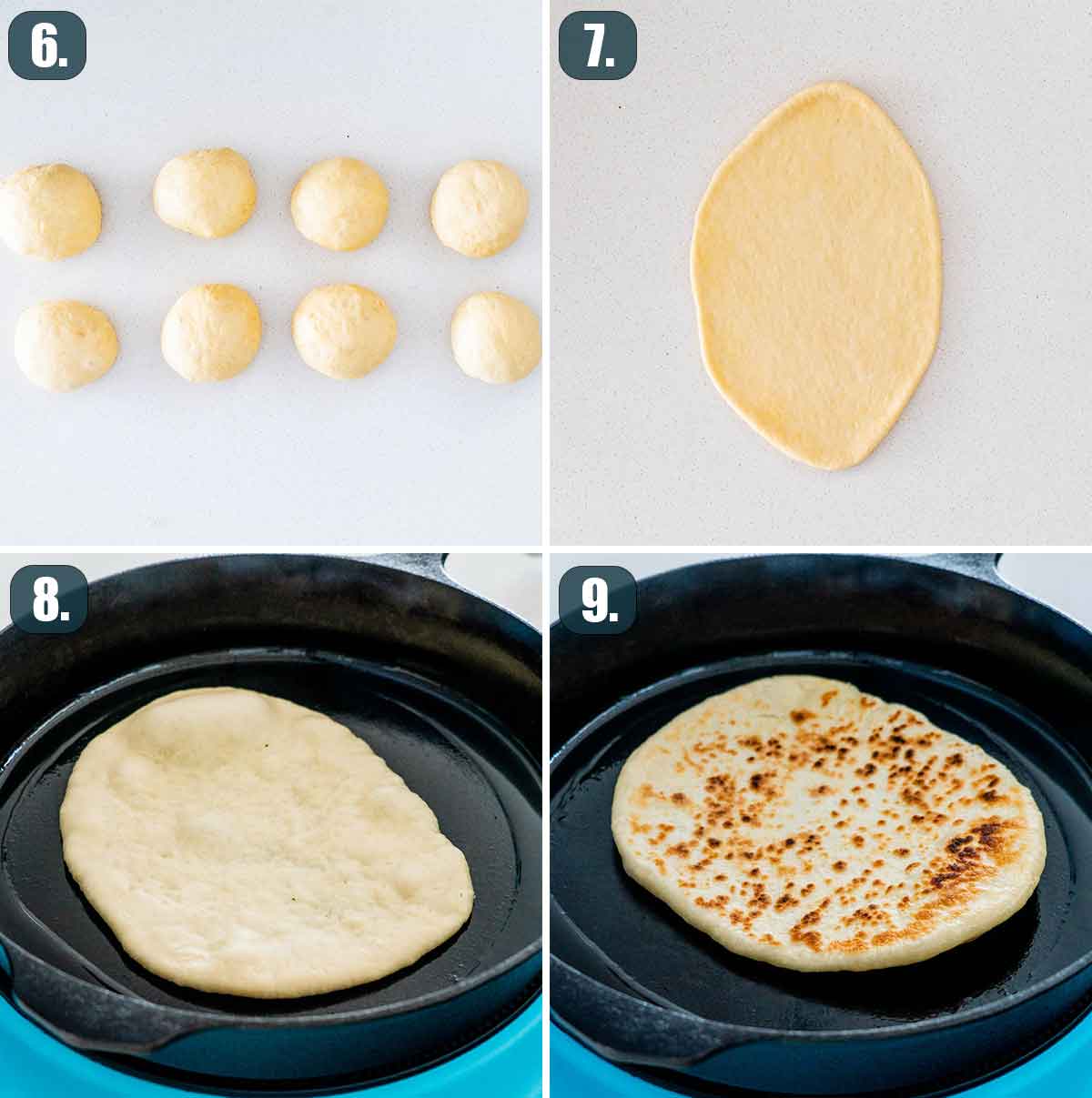 prep shots showing how to form and cook naan.