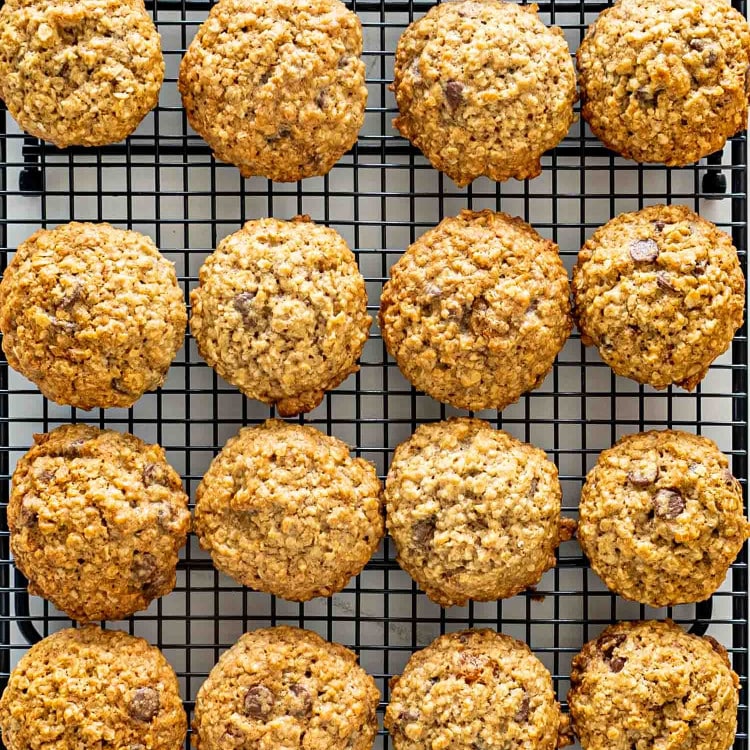 oatmeal cookies cooling on a wire rack.