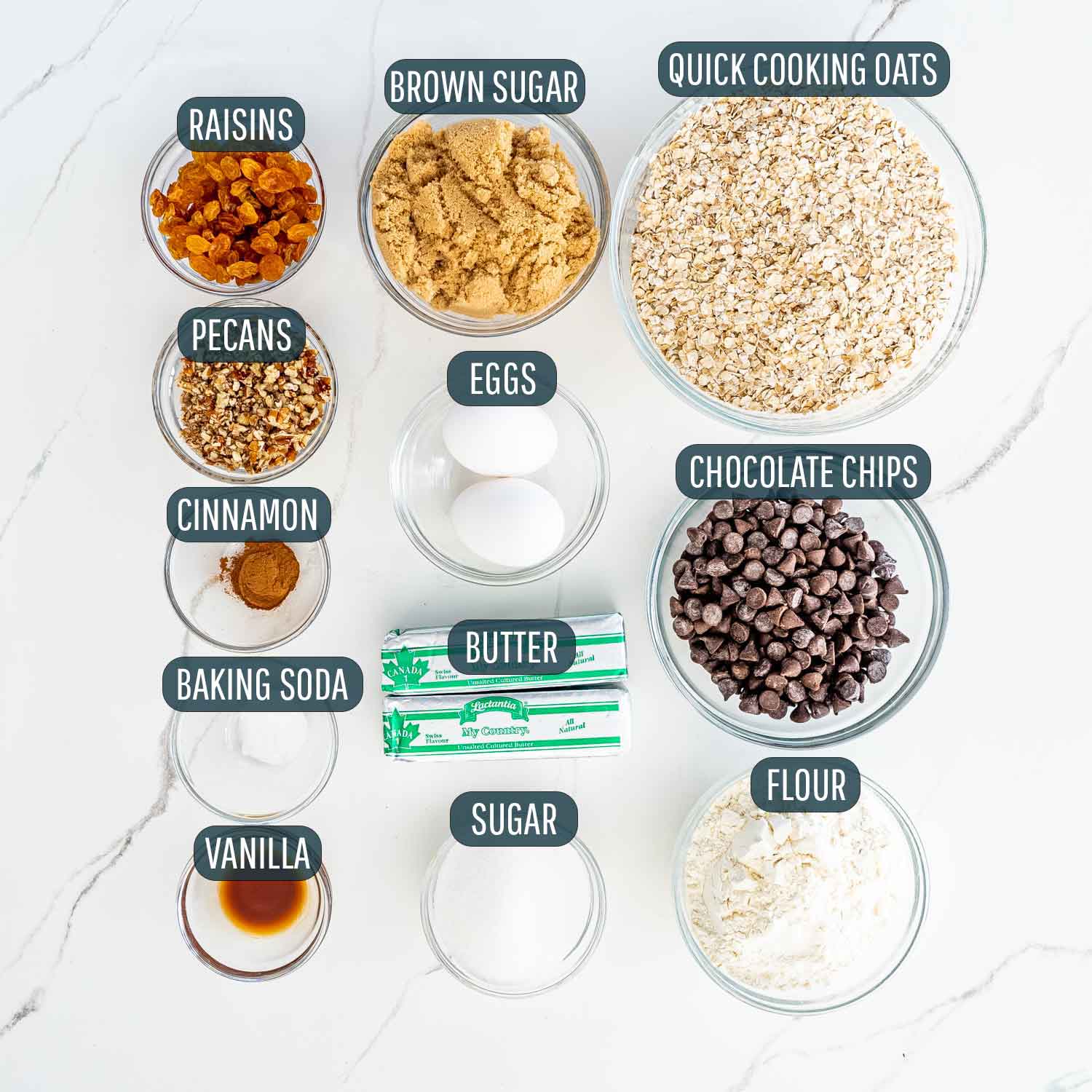 ingredients needed to make oatmeal cookies.