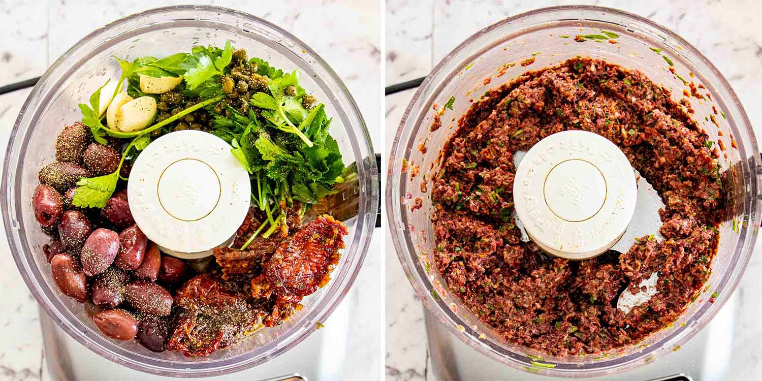 process shots showing how to make olive tapenade.