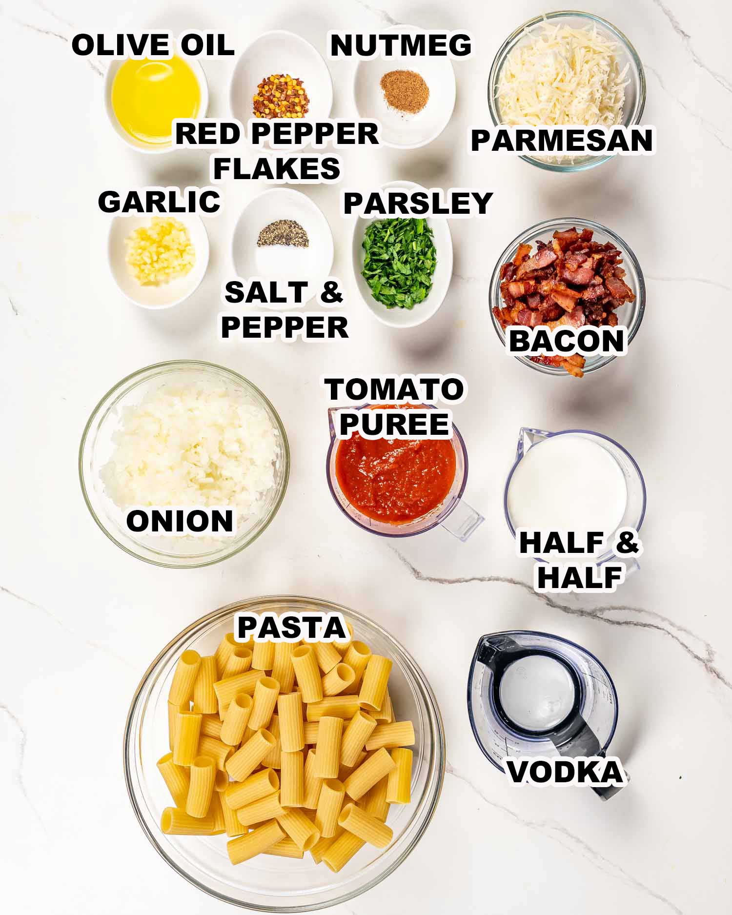 ingredients needed to make pasta alla vodka.
