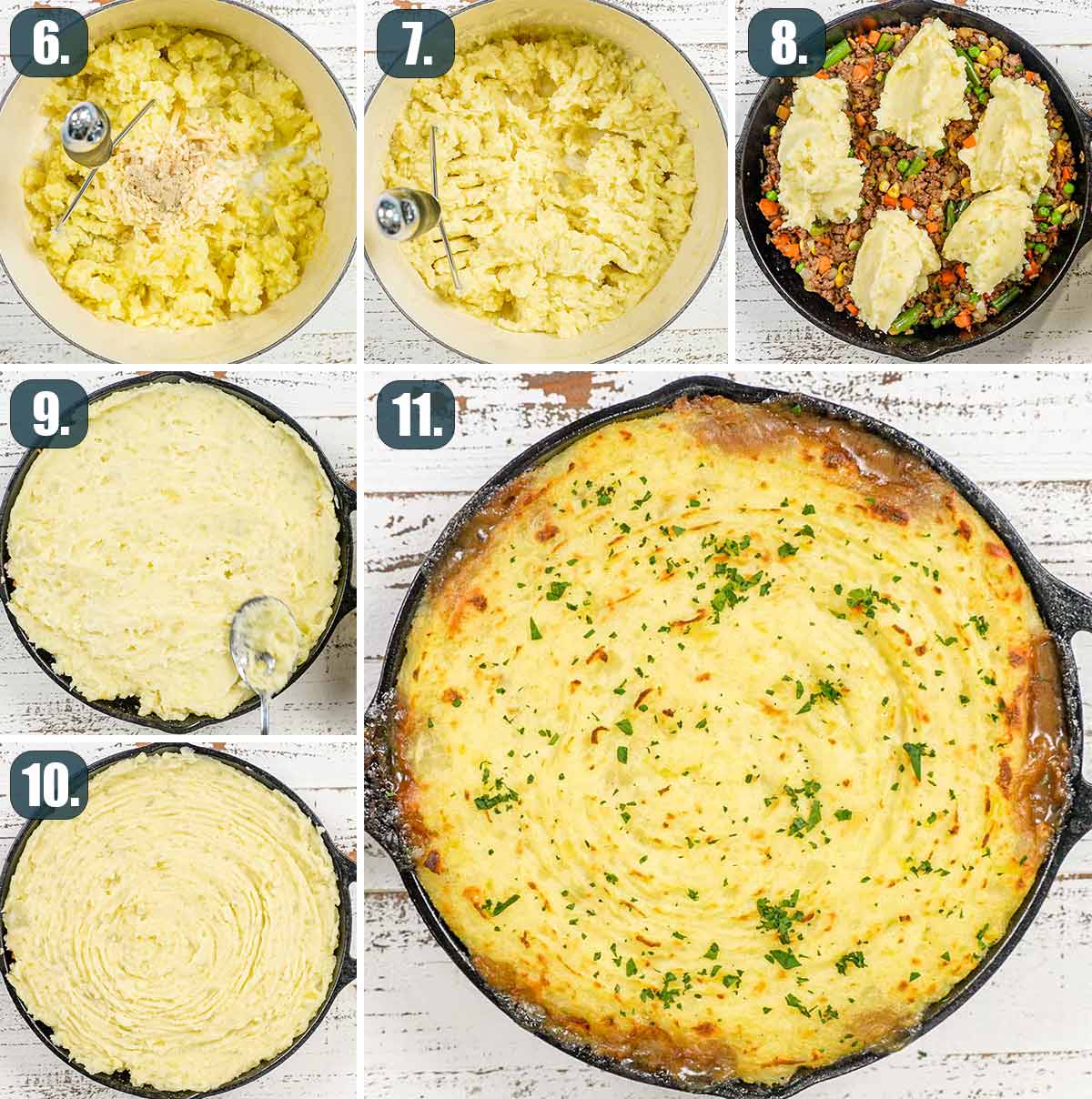 process shots showing how to make mashed potatoes and assemble shepherd's pie in a skillet.